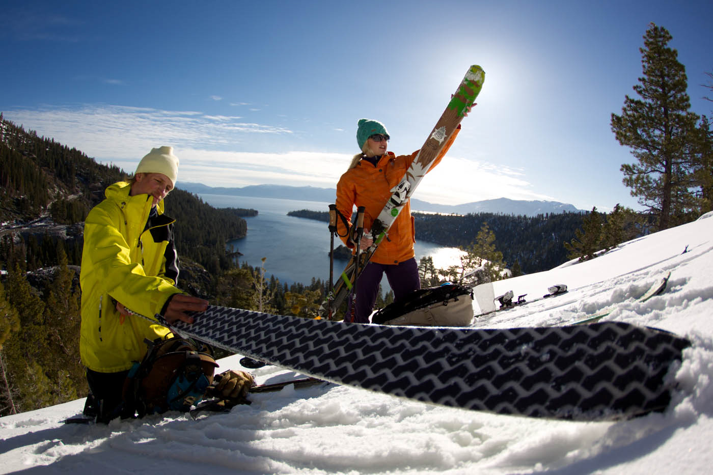 Skier Amie Engerbretson and Greg Lindsey, Lake Tahoe, Emerald Bay, Backcounty, Skins,